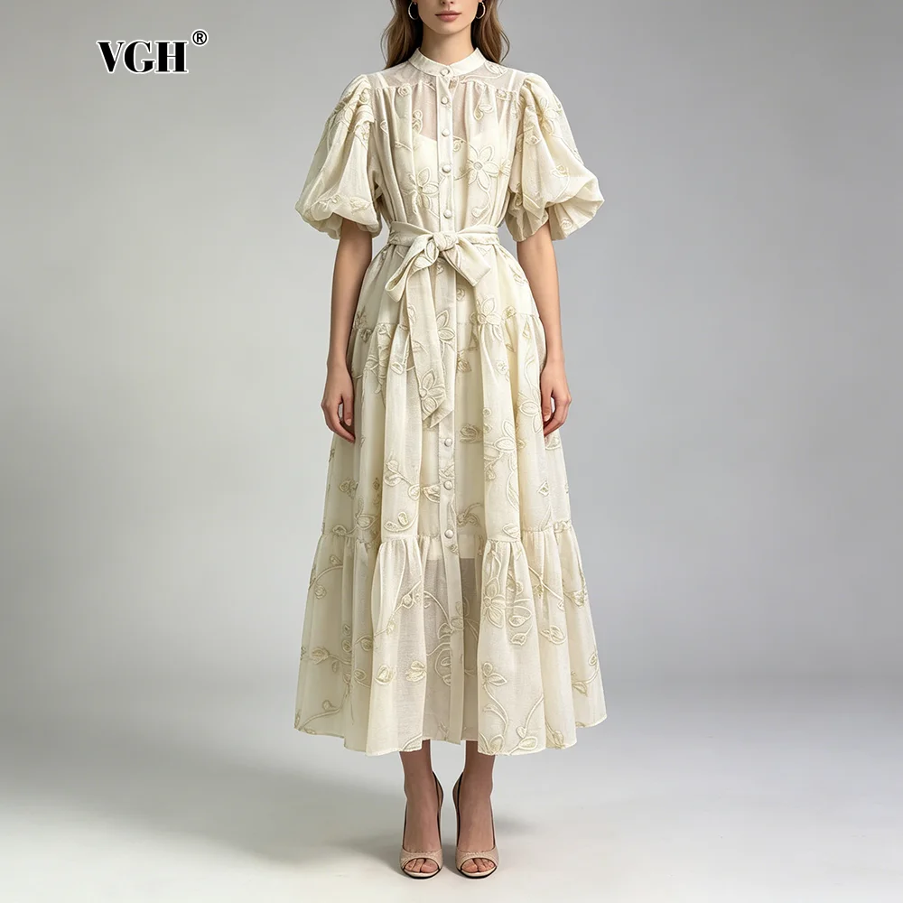 

VGH Vintage Floral Sheer Fabric Midi Dress for Women Stand Collar Puff Sleeves Spliced Lace Up Skirt with Sling for Dinner Party
