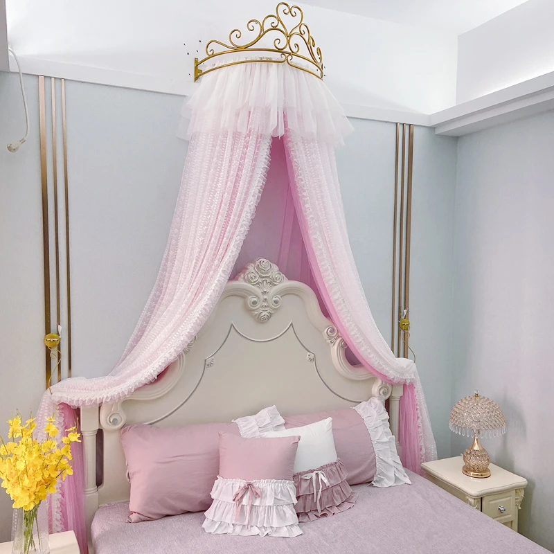 Princess Crown Mosquito Net Palace Bed Curtain Girl Children Room Decor Bedside Yarn Romantic Princess Tents Bed Canopy Valance