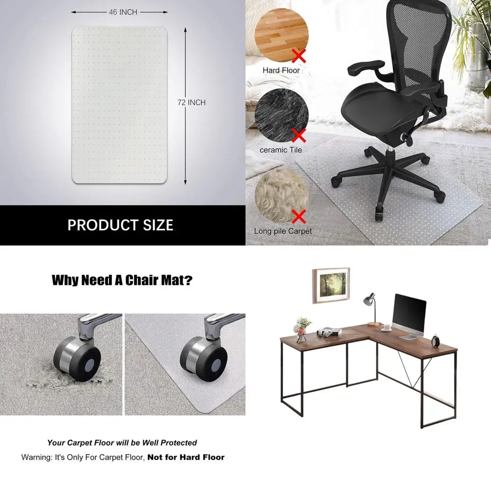 

Transparent Chair Mat for Carpets, 46 x 72 Rectangle, Ideal for Desks, Offices, and Homes, Smooth Rolling, Protects Low Pile Flo