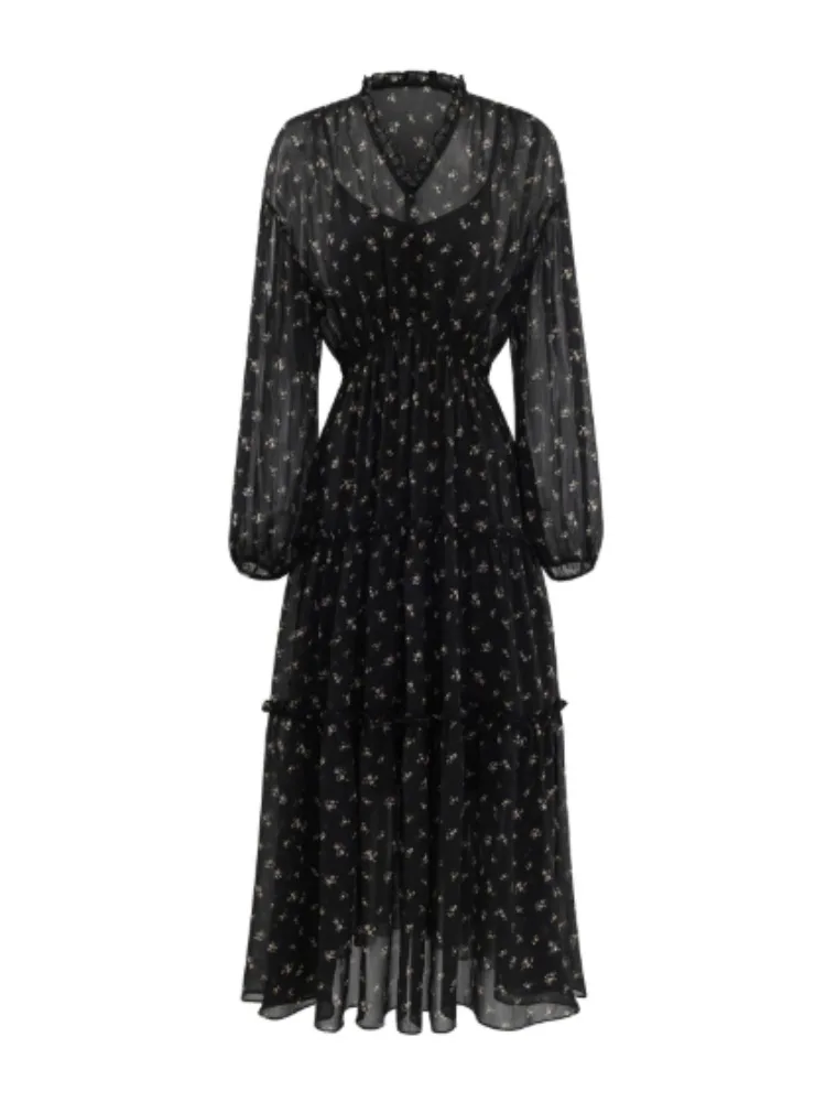 French Style Floral Dress Women Elegant Autumn Maxi Tea Dress with High Waist Flared Hem Long Sleeve Vintage Casual Party Outfit