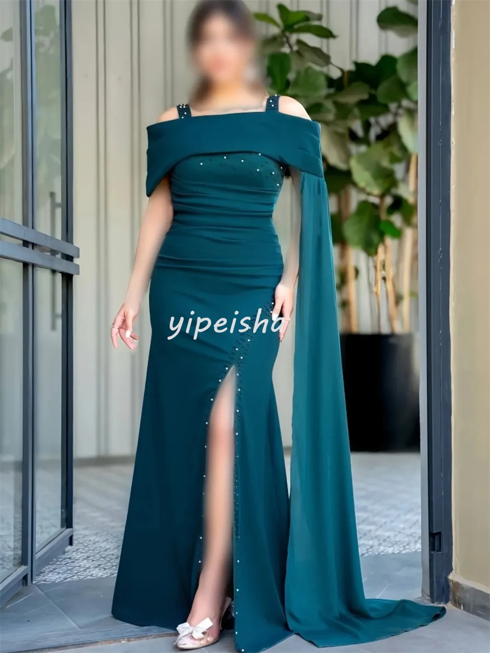 Maßgeschneiderte, hochwertige, klassische Jersey-Perlenfalte im Meerjungfrau-Stil, schulterfrei, lange Kleider, maßgeschneiderte Kleider für besondere Anlässe, moderner Stil