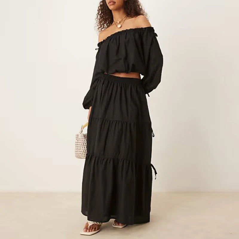 

Boho Tie Side Tiered Maxi Skirt + Tops Two-Piece Set Spring New Cotton Linen Off-Shoulder Elastic Lace-up Top Woman Clothing