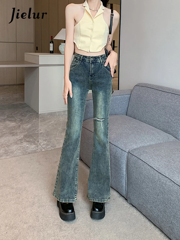 Jielur Summer New Vintage American Women's Jeans Holes High Waist Slim Fashion Jeans Woman Blue Street Base Chic Pants Female