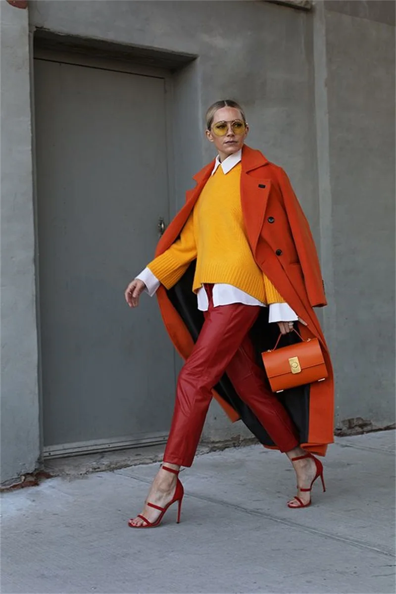 Chaqueta de lana de Cachemira para mujer, abrigo largo y grueso, a la moda, para oficina y graduación, color naranja