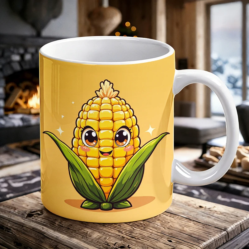 

11 oz Cute Corn Handle Ceramic Mug, Full Print Pattern Coffee Mug, Insulated Milk Cup, Office Water Cup, Fade-Resistant