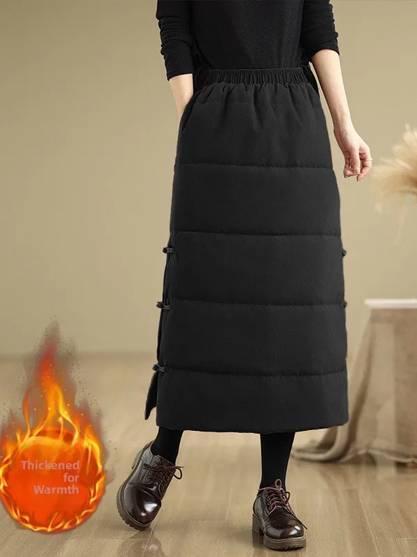 따뜻한 면 소재의 롱 스커트 하이웨이스트 A라인 스트레이트 컷 단색 예술적 스타일 겨울 2025 패션 여성 스커트