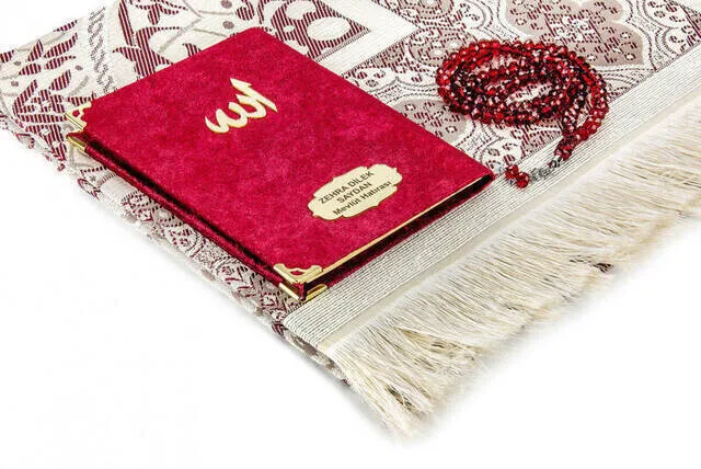 Pocket Oversize Velvet Yasin Book Name Plakalı Prayer Rug Prayer Beads Boxed Special Set Maroon