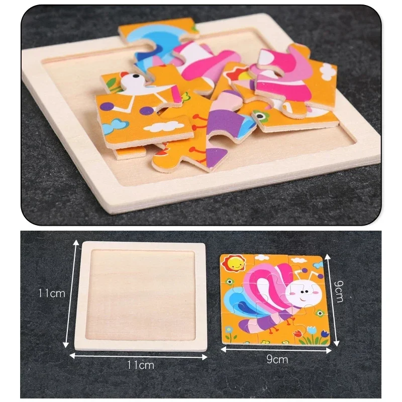 Rompecabezas de madera para niños de 11x11cm, vehículo de juguete, rompecabezas de animales de dibujos animados, juguetes Tangram de tráfico, juguetes educativos, rompecabezas para niños, regalos