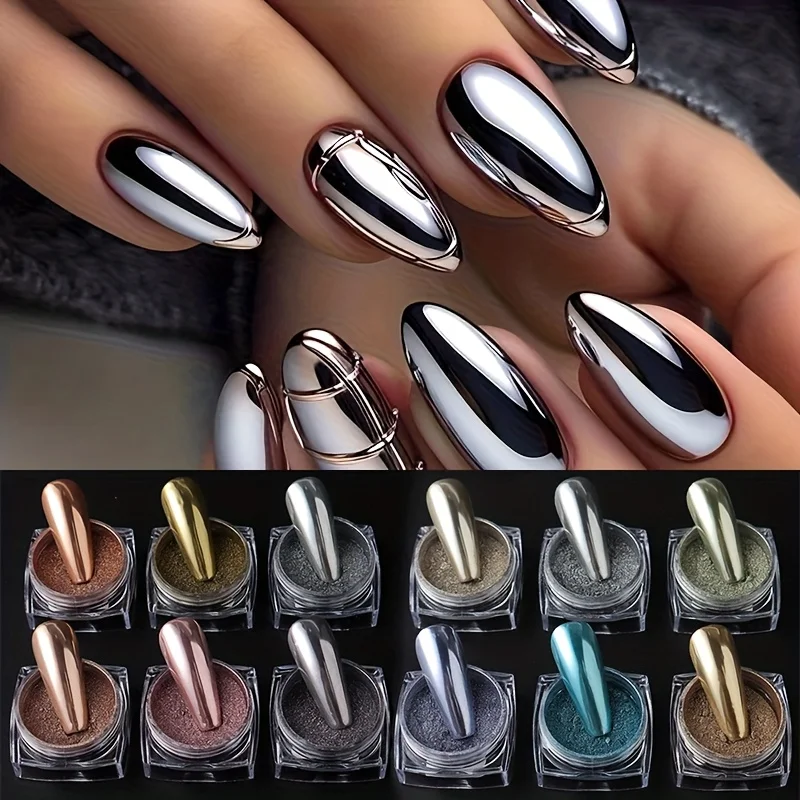 6/12 Stück Retro-Farbe Magic Mirror Nagelglitzerpulver, Chrompigmente für Y2K-Stil, Reibstaub für Herbst- und Winternägel A