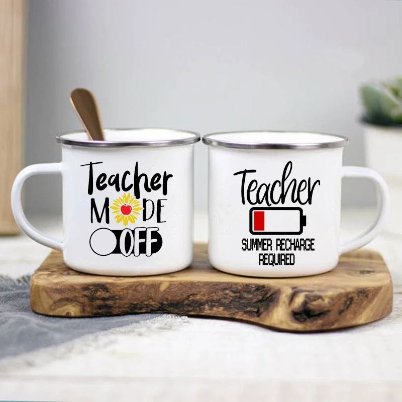 Teacher Mode Off Print Enamel Mug Creative Retro Coffee Water Cups Drink Dessert Milk Mugs Handle Drinkware Funny Teacher Gifts