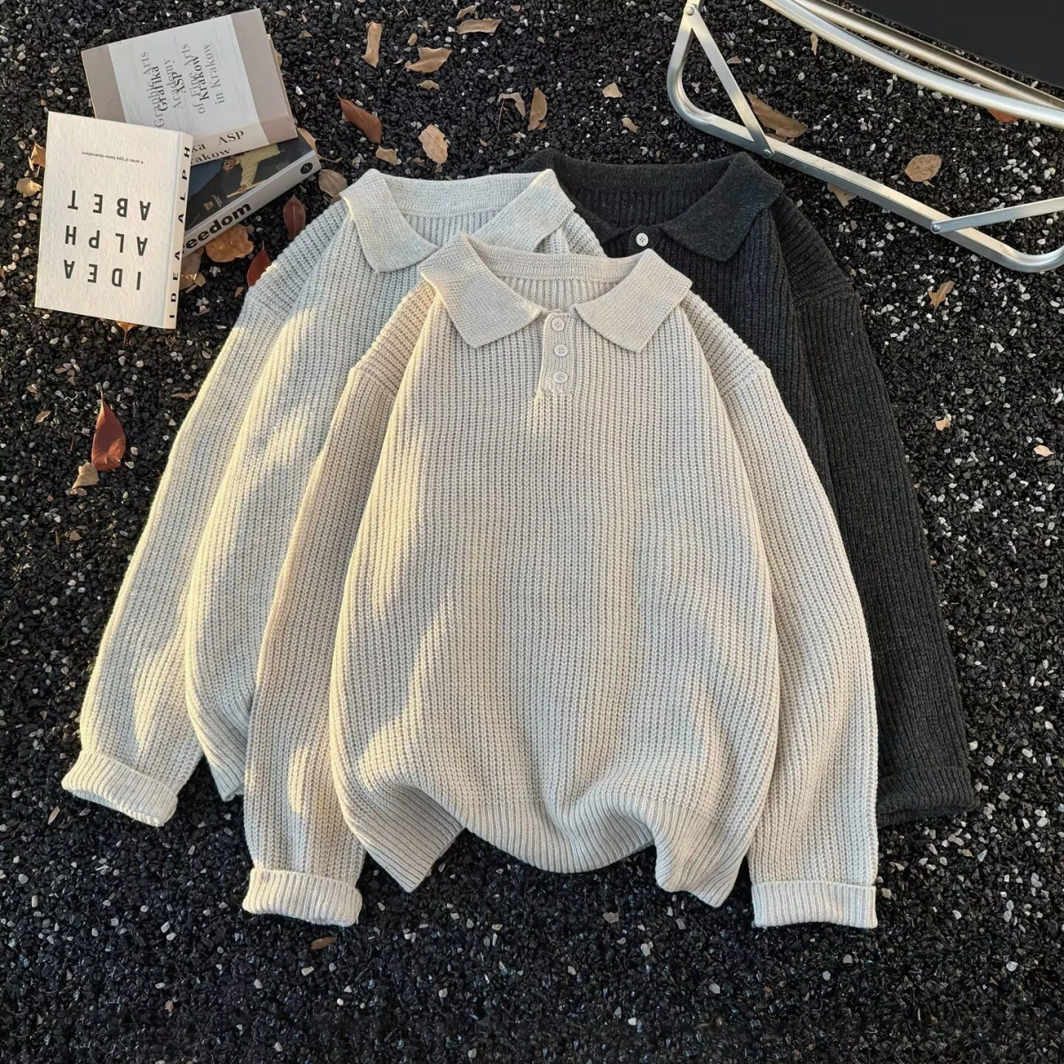 

Осень-зима, новый мужской однотонный вязаный свитер с воротником и v-образным вырезом, повседневная свободная верхняя одежда в американском стиле ретро Sle