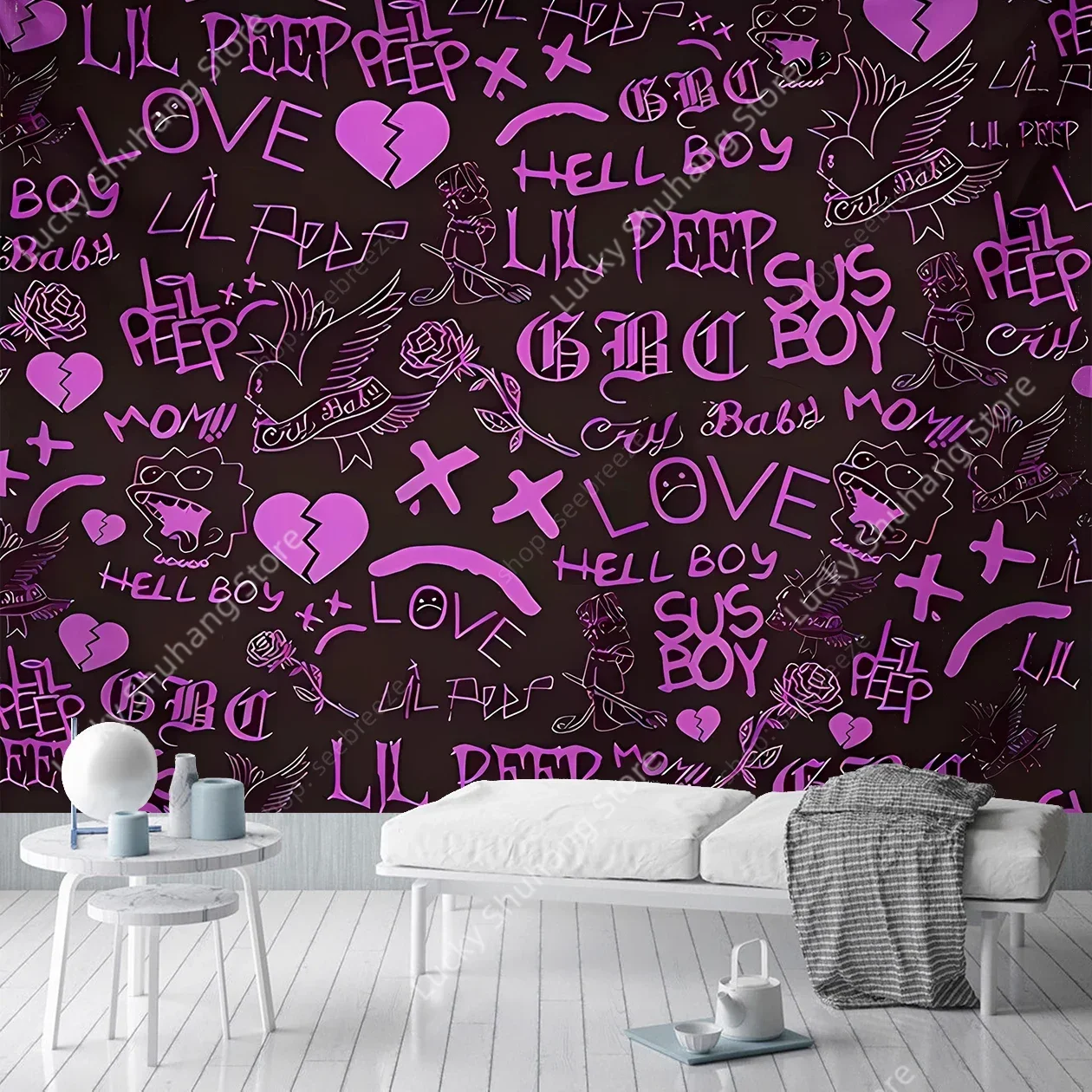 Lil Peep Graffiti Tapestry Purple Black Gothic Wall Art Edgy Urban Teen Bedroom Dorm Decor Alt Fashion Dark Aesthetic Canvas