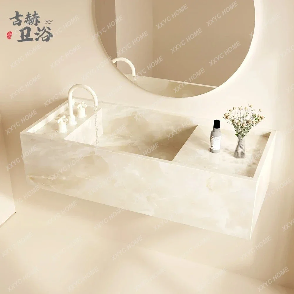 القرون الوسطى الرجعية الياقوت الرخام الفاخرة حجر لائحة غسل اليدين والوجه خزانة حمام مصمم الأزياء