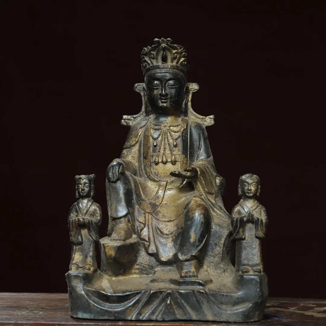 

9"Tibetan Temple Collection Old Bronze Cinnabar Mud gold Children-Sending Jade Maiden Guanyin Station Buddha Worship Hall