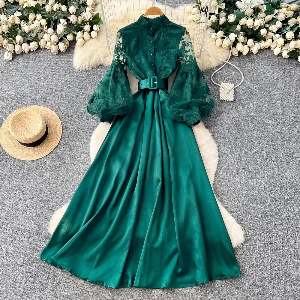 

New Luxury Embroidery Lace Spliced Prom Dress Spring Summer Long Sleeve Single Breasted Evening Party Hollow Out Vestido Dresses
