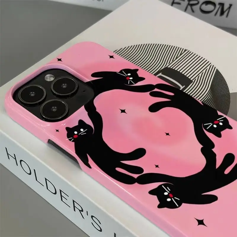 Korean INS Cartoon Dancing Cat Pink Background Phone Case for iPhone 16 15 14 13 Pro Max 12 Mini 11 Pro Plus Shockproof Cover