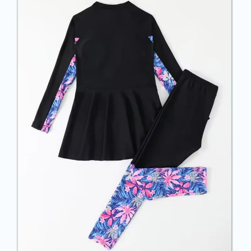 Girl Two Pieces Suit 5-12 Year Children Long Sleeve Skirt Swimsuit 2025 Kid Flower Print Swimwear Burkini Muslim Bathing Suit