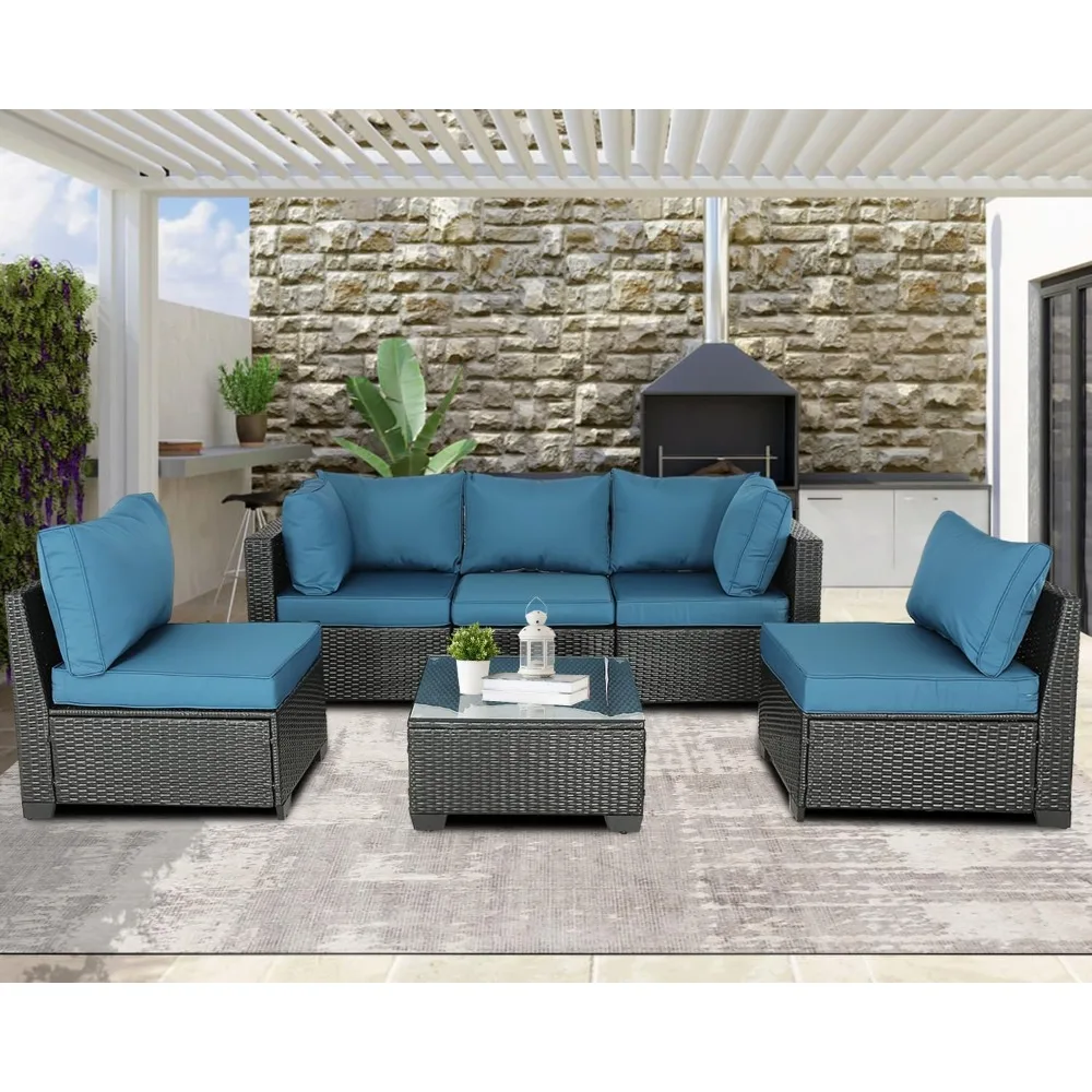 6 Pieces Patio Furniture Set with Tempered Glass Table and PE Rattan Wicker Sectiona, Patio Furniture Set