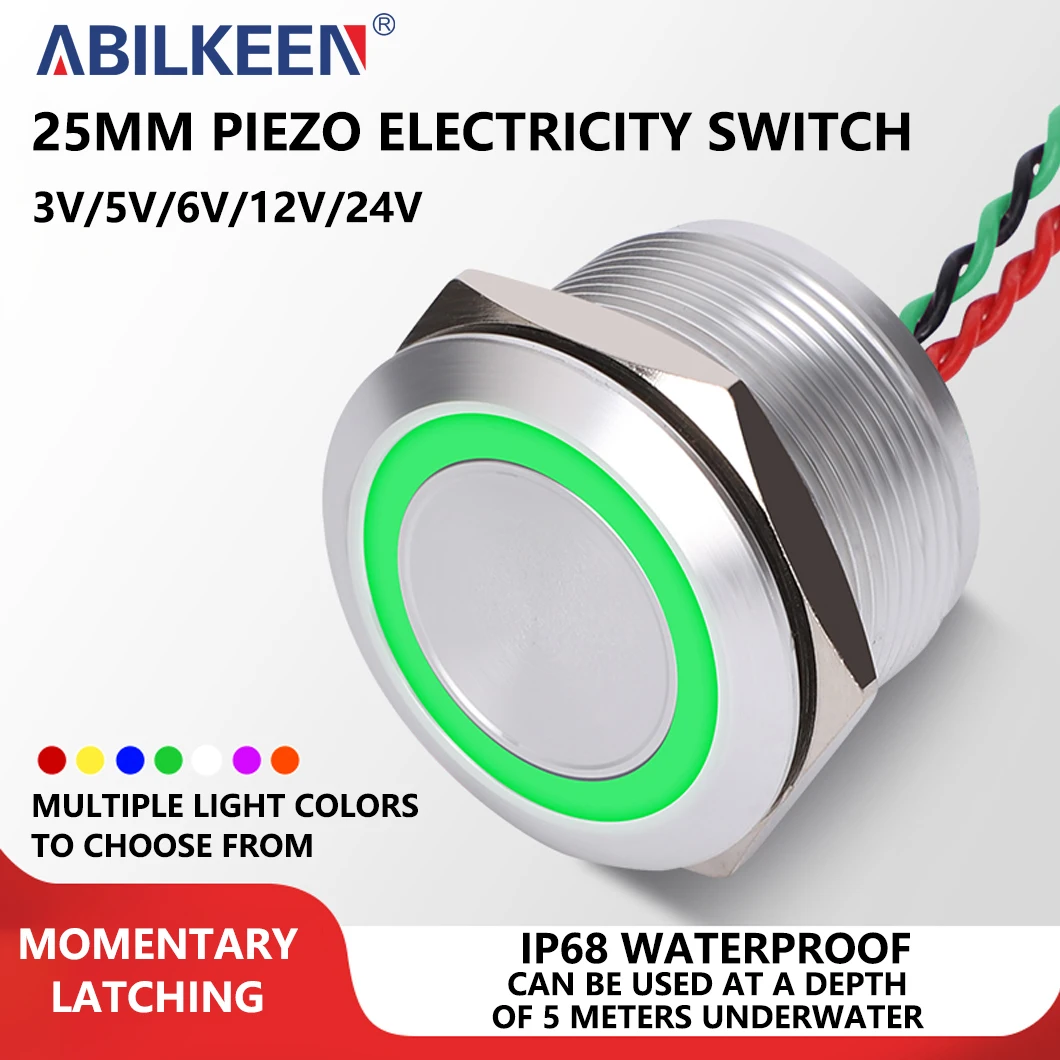 

ABILKEEN 25MM Bevel Surface Piezo Electric Switch 1NO Momentary/Latching LED Ring Light Piezo Switch IP68 Waterproof