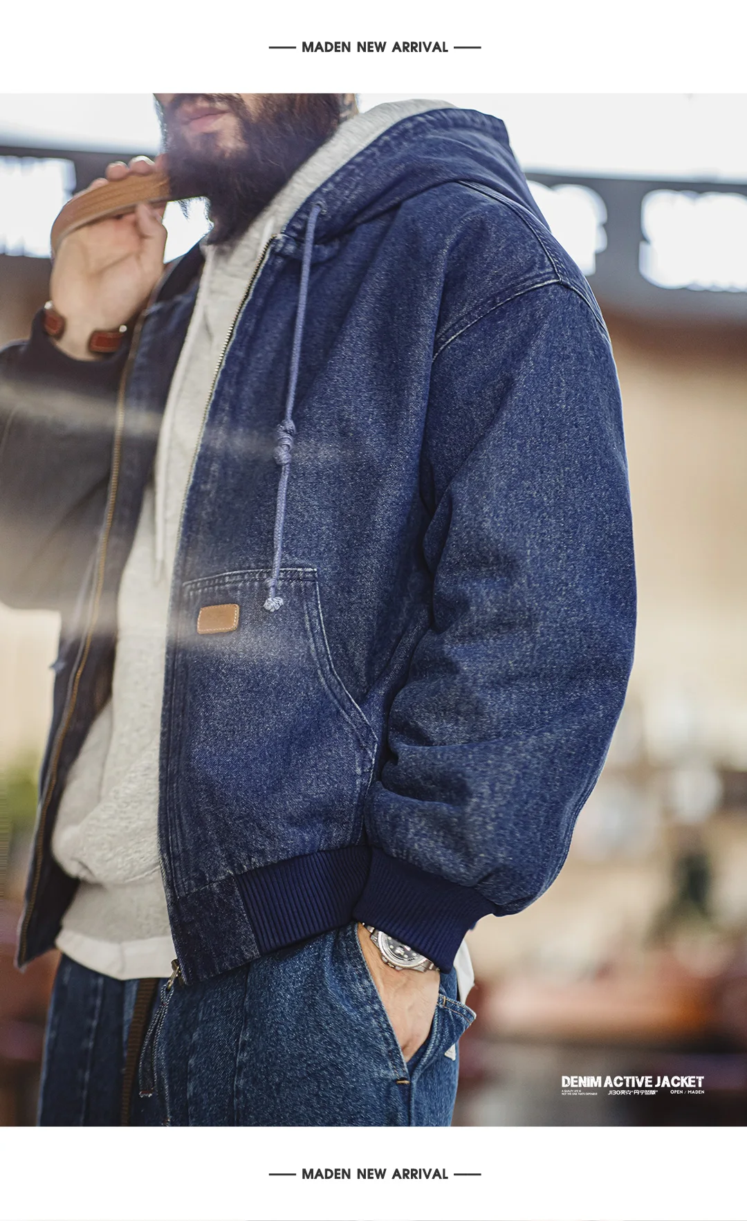 Maden Retro Men's J130 10.5oz Denim Jacket Heavyweight Washed Aged Hooded Jacket Zipper Work Coat with Large Pockets for Fall 31 S958188ebcb53455eb01f1f4957f53342k