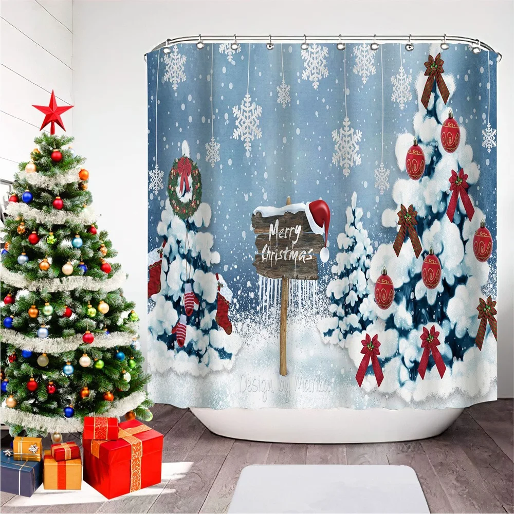 

Xmas Tree Snowman Reindeer Snow Shower Curtain Christmas Santa Claus Fabric Bath Curtains Waterproof Bathroom Decor with Hooks