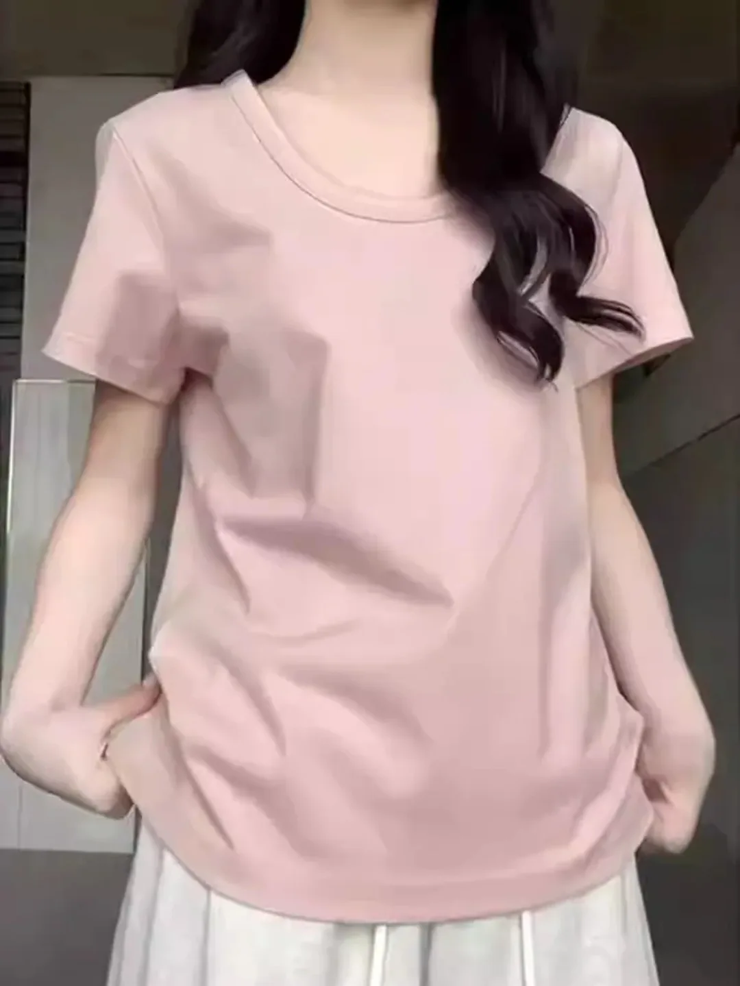 Sweet-style V-neck Loose-fit Short-sleeved T-shirt Women Summer Lazy-chic Versatile Casual Plain Colour Soft Cotton