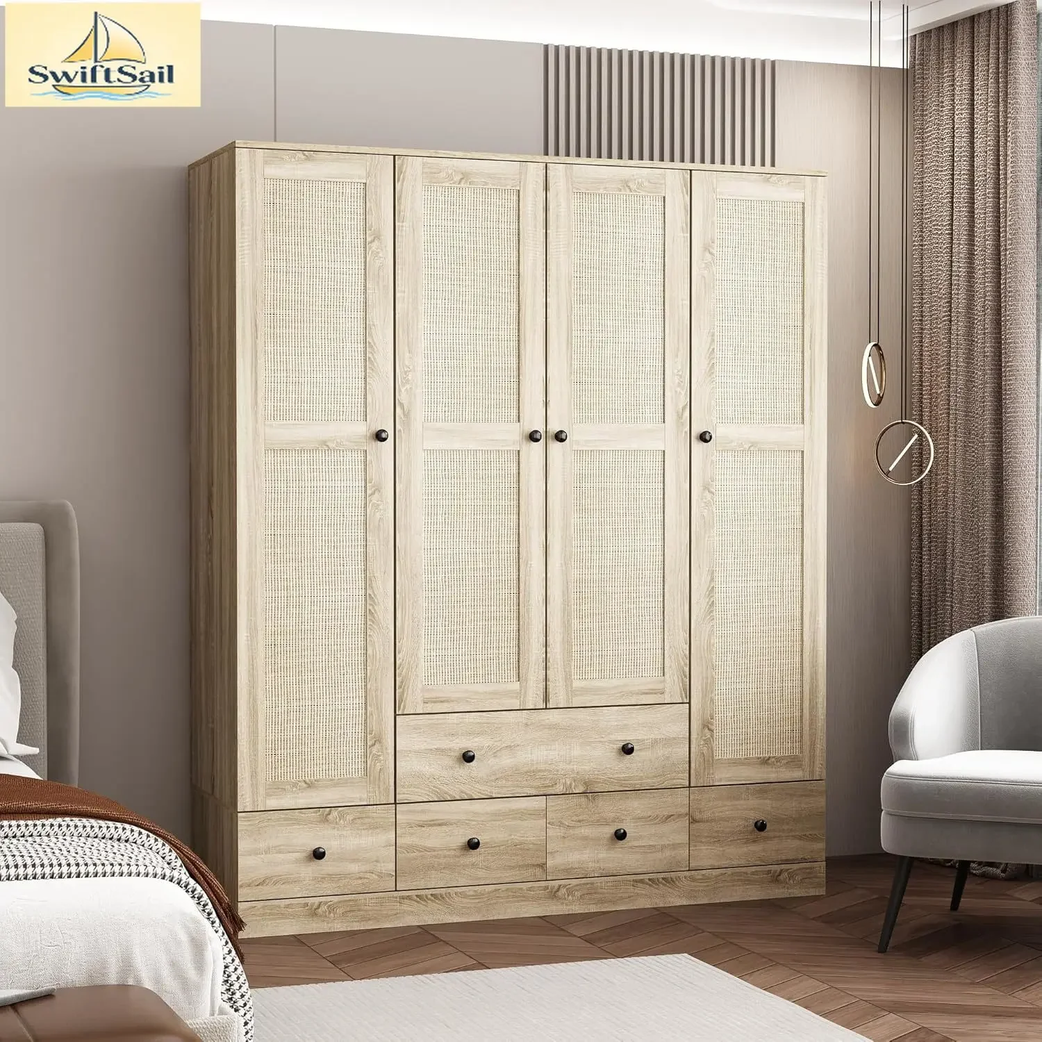 4 Door Wardrobe Armoire Closet, Bedroom Cabinet Armoire with Rattan Doors, 5 Drawers, 2 Hanging Bars & Shelves, Light Brown