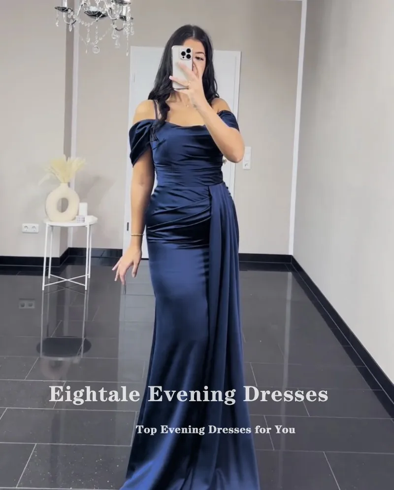 Eightale Arabic Evening Dress Satin Navy Blue Mermaid Prom Gowns Celebrity Wedding Party Dress Vestidos De Noch