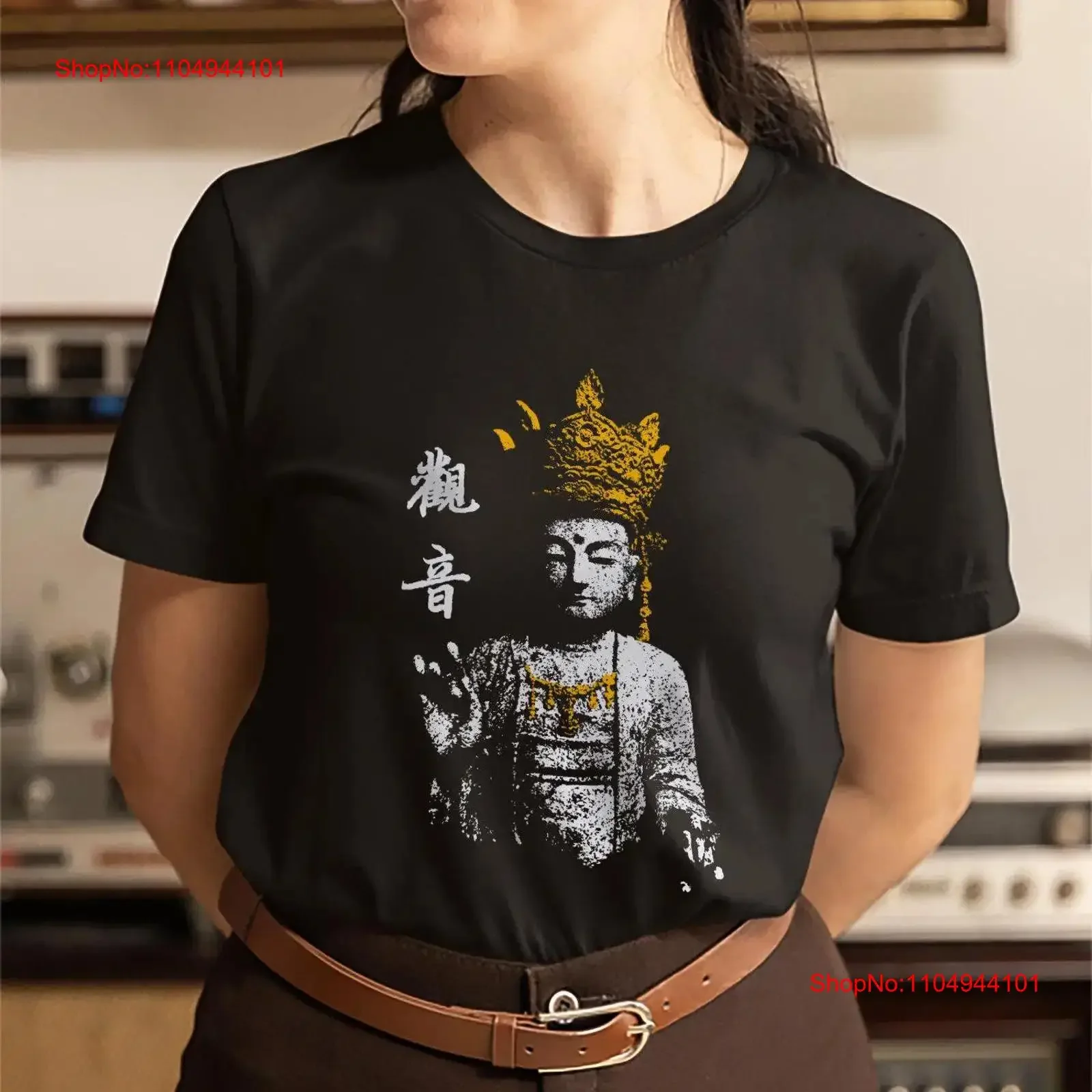 

Футболка Guan Yin Kannon Бодхисаттва Будда сострадания Kanji Каллиграфия Духовная дзен-медитация Рука Mudra Буддийское искусство