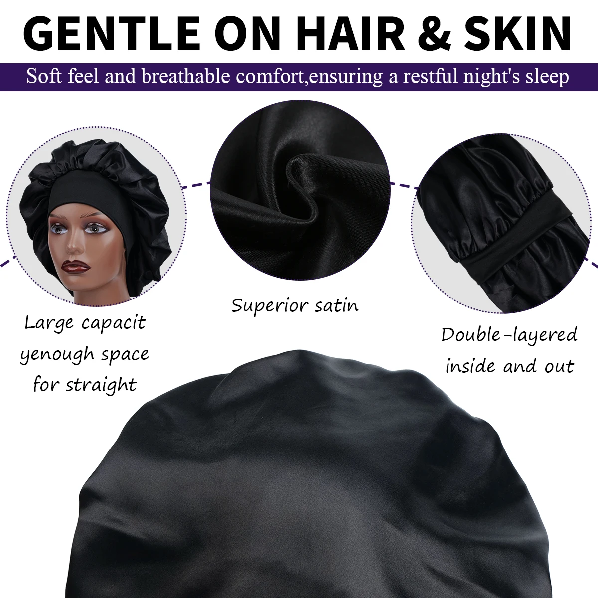 Unisex Double-Layer Satin Sleep Cap with Wide Brim Elastic round Hat Comfortable Hair Accessory for Styling And Advertising