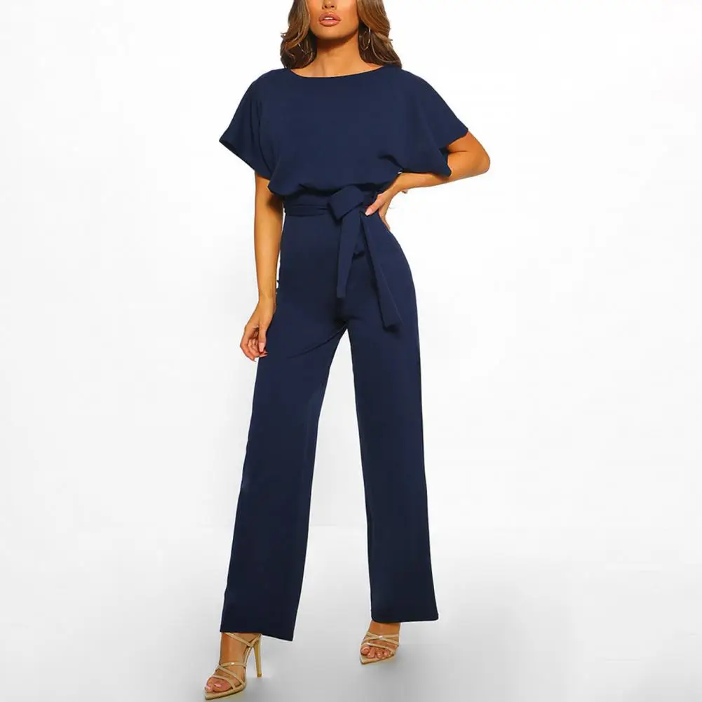 Elegant Ladies Jumpsuit Business Style Playsuit Round Neck Women Solid Color Straight Leg Romper  Slim