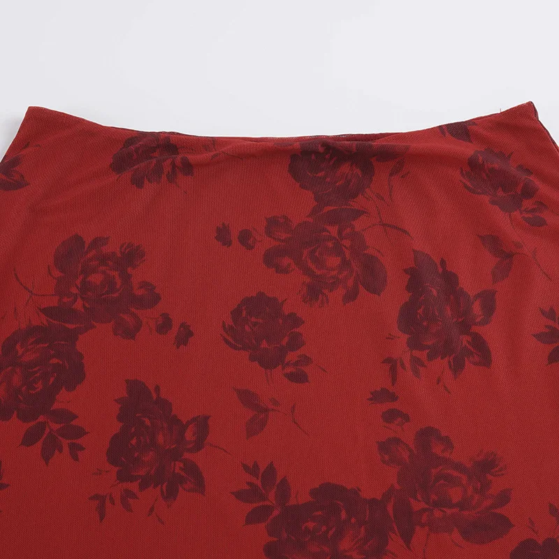 Retro Floral Digital Print Low Waist Lightweight Double Layer Mesh Skirt Temperament Hip Hugging Women Daily Vacation Skirt