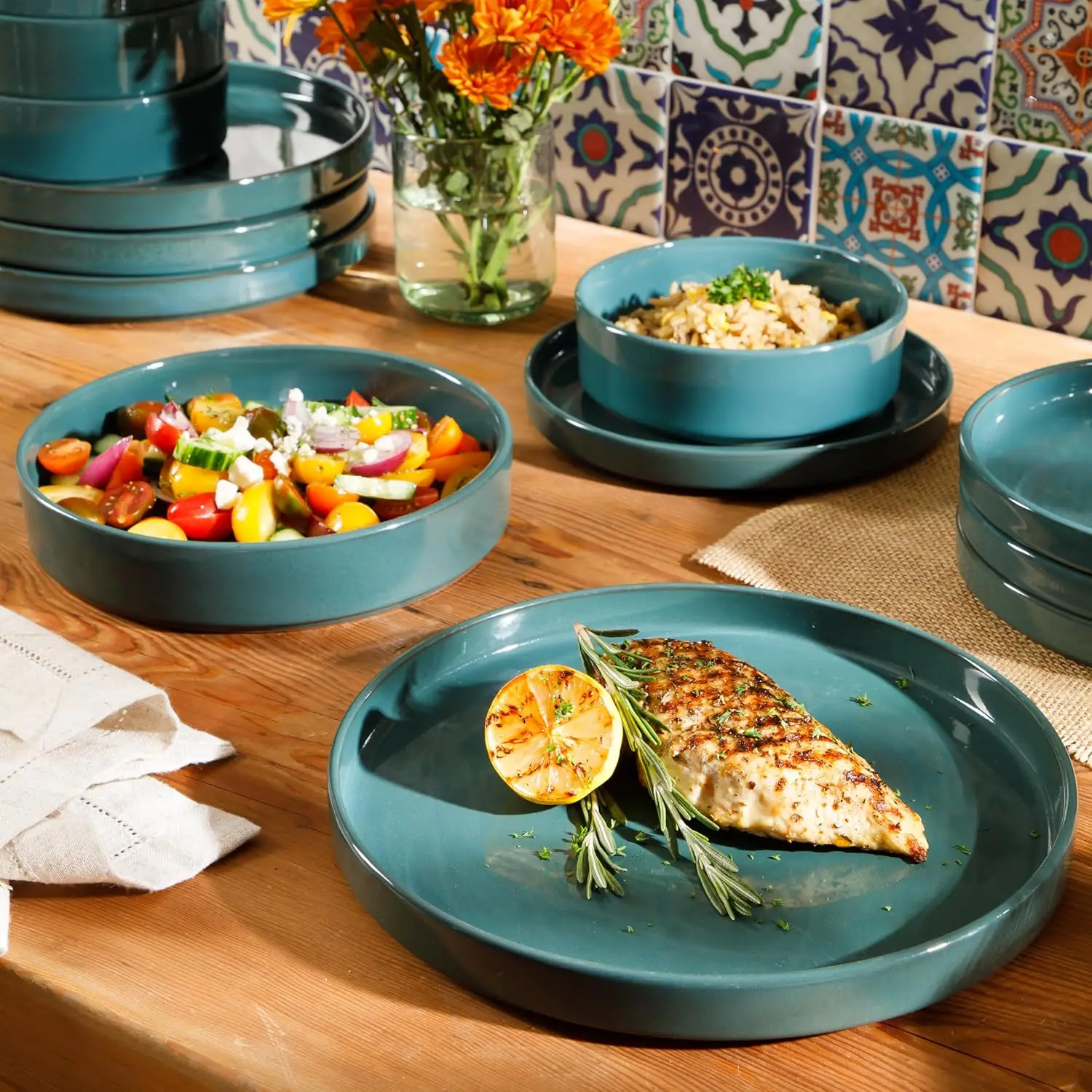 Favorite Things - Santorini Mist Double Bowl Terracotta Reactive Glaze Plates and Bowls Dinnerware Set - Jade Blue Green