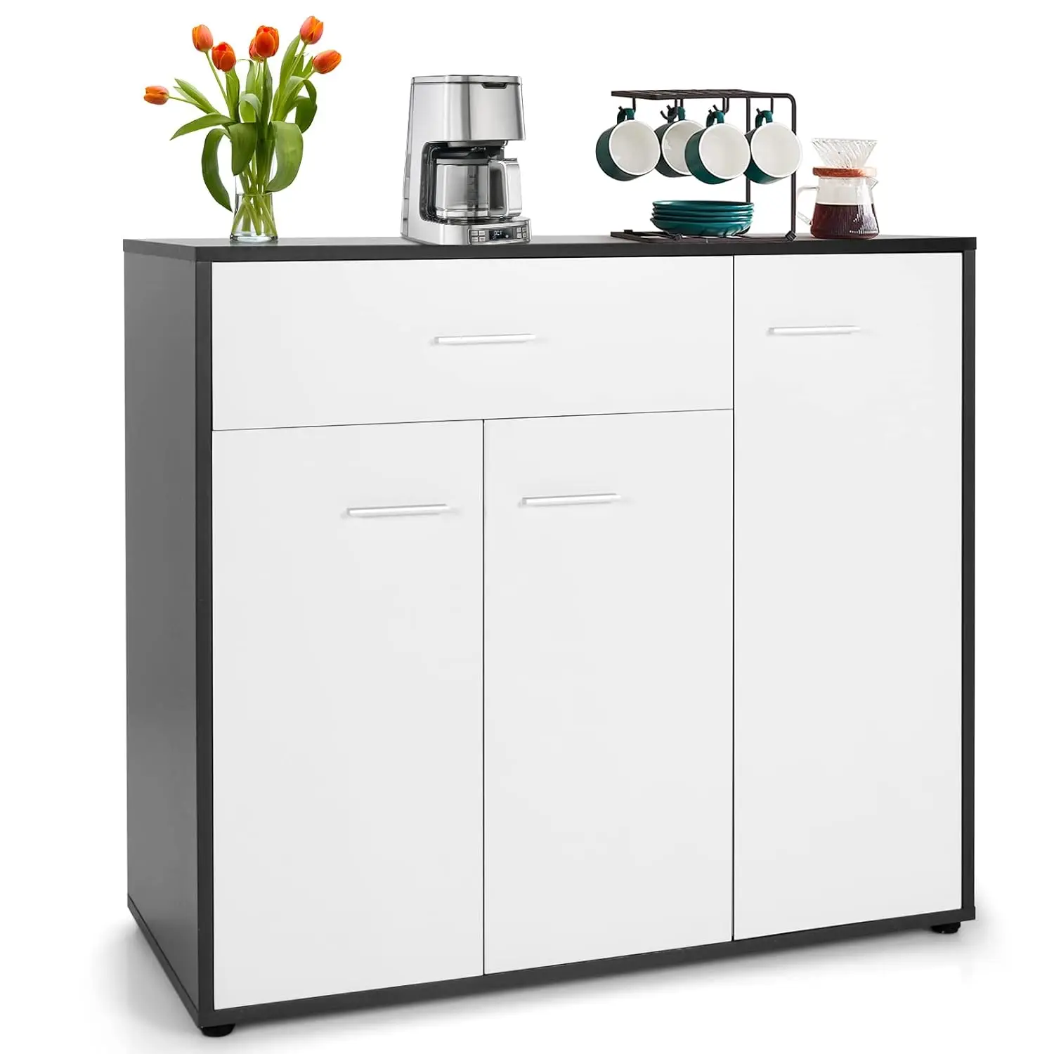 

White Buffet Sideboard Storage Cabinet Kitchen Console 2 Door Drawer Adjustable Shelf Anti-Toppling Home Living Room, Customized