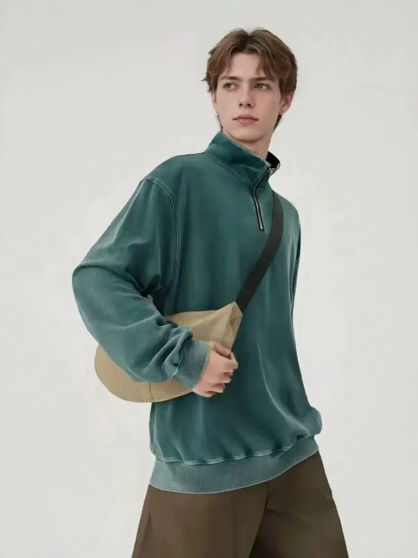 2025 A/W Men's Stand Collar Hoodie - 300GSM Double Washed Cotton Half-Zip Sweatshirt, Vintage Distressed Oversized Streetwear