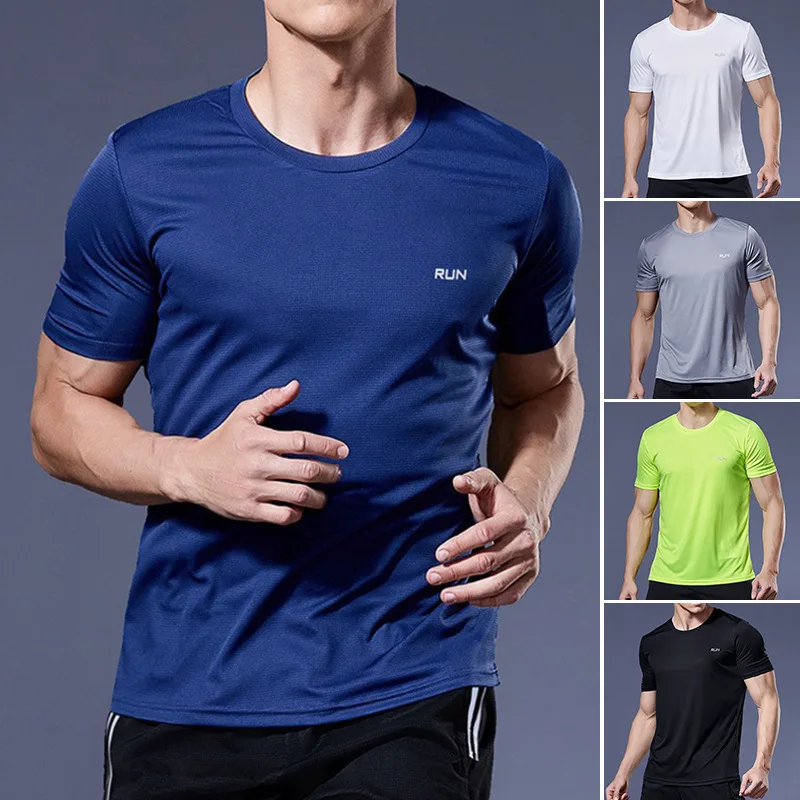 Camiseta de manga corta de secado rápido para hombre, camiseta de cuello redondo que absorbe la humedad para gimnasio, ejercicio de entrenamiento, camiseta deportiva para gimnasio, Tops ligeros