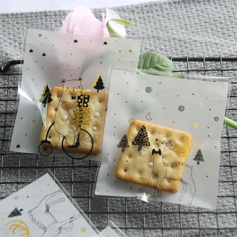 Gift Packing Self Adhesive Bag Christmas Elk Style Biscuit Bag Food Cookie Candy Baking Packaging OPP Pouches 100pcs/lot