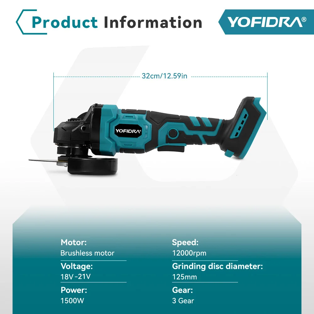 Yofidra 125mm M14 Brushless Angle Grinder 3 Gears Cordless Grinding Machine Cutting Woodworking Tool For Makita Battery Pin