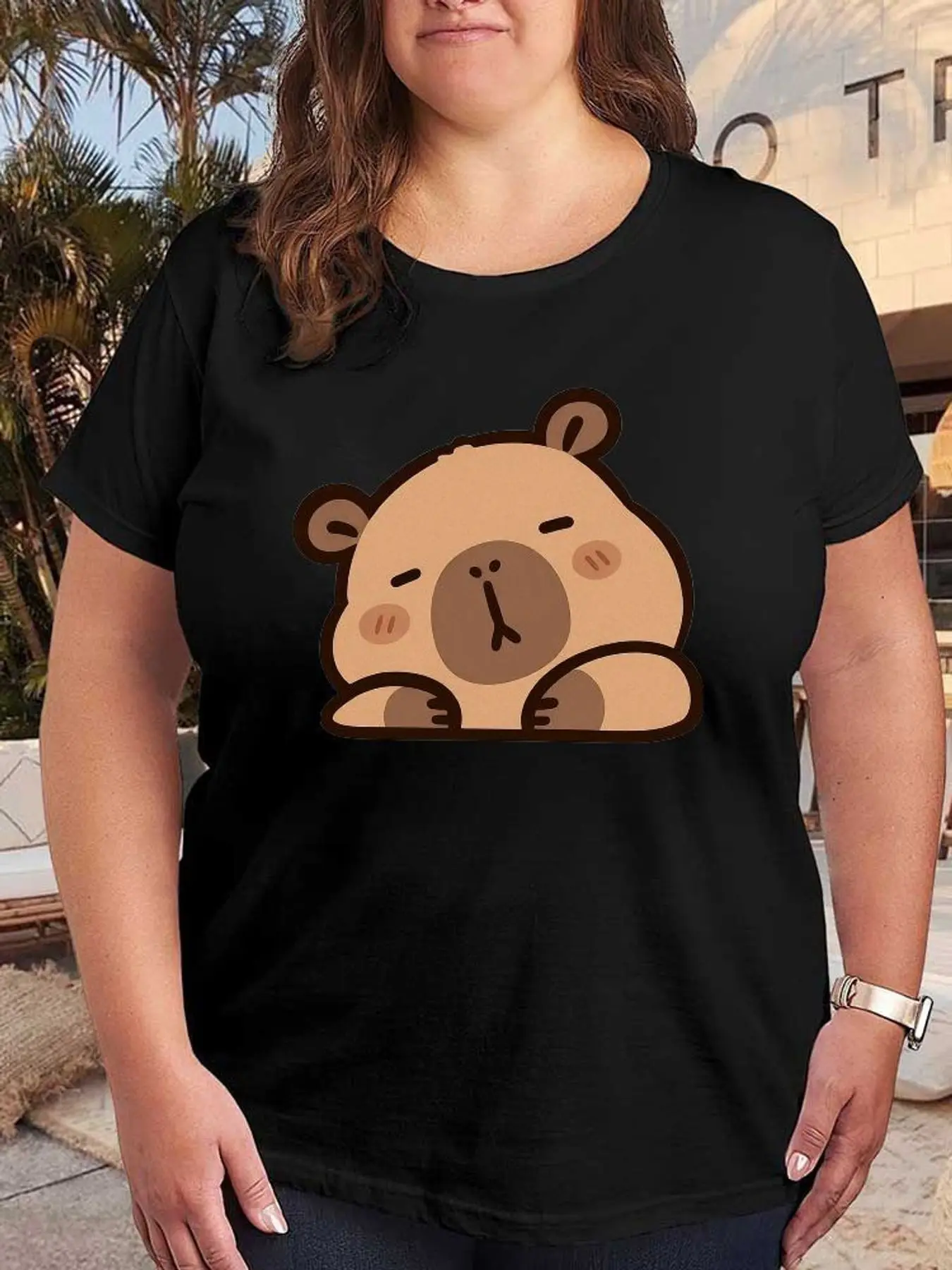 Cute Capybara Graphic T Shirt Women Fashion Stretchy Plus Size Tee Short Sleeve Kawaii Cartoon Casual Soft Summer Tops Clothes