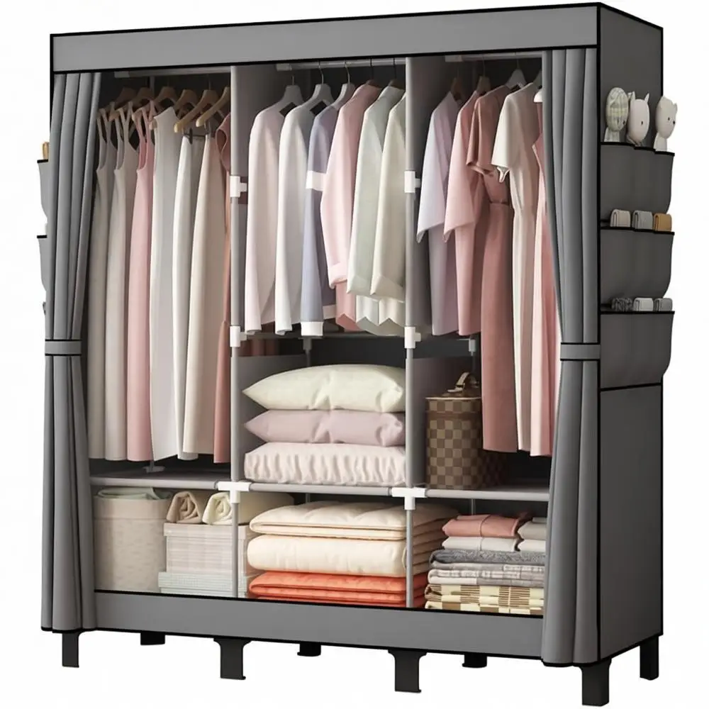 

Портативный шкаф, коробка для хранения одежды, простой гардероб, для подвешивания одежды, несколько полок, 3 штанги, 6 боковых карманов, серый, большой