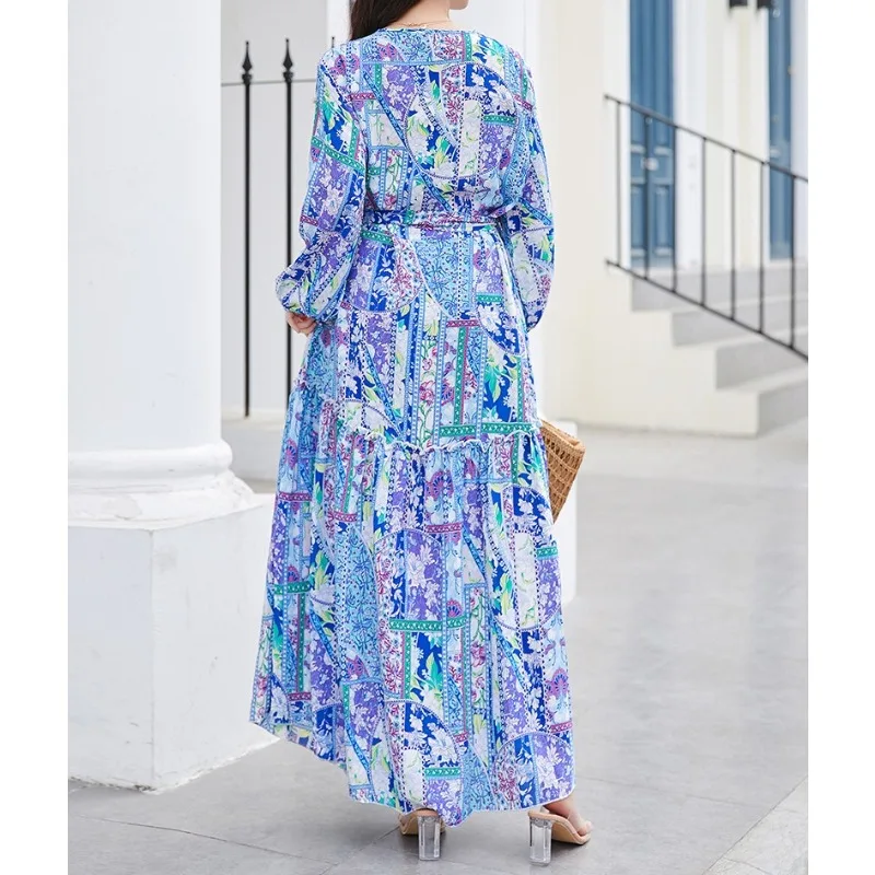 Tinaa Bohemian Plus Size Dresses 2025 Tierred V Neck Long Sleeve Printing Holiday Beach Loose Fit Long Dress with Belt  2311