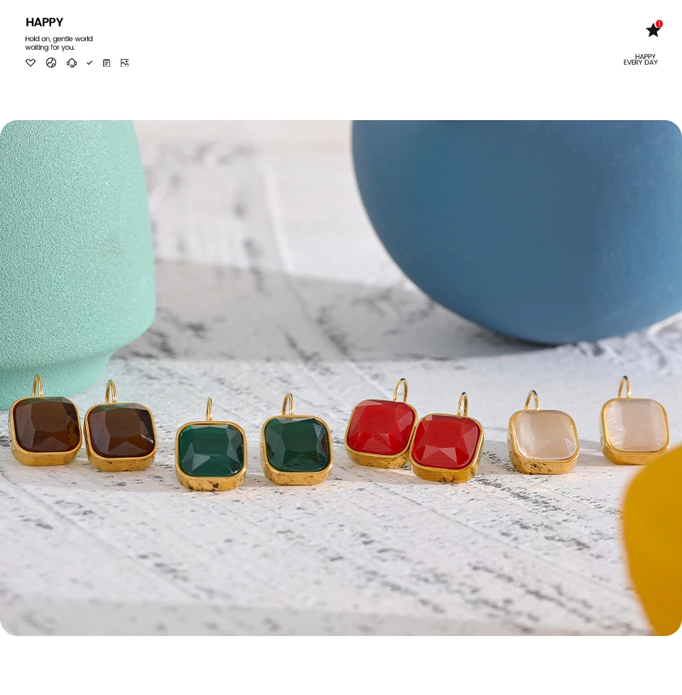 Yhpup Zarte bunte Vintage-Charm, quadratischer Opalstein, französische Hakenohrringe, Edelstahl, 18 Karat vergoldet, wasserfester Schmuck – Detail 8