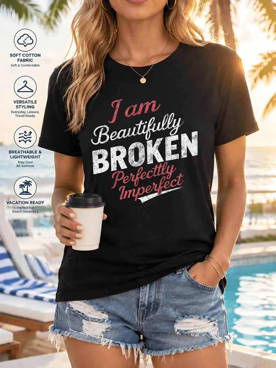 Soft Cotton Versatile, Women's T-Shirt, I Am Beautifully Broken Perfectly Imperfect Quote, Summer Vacation Beach, Girlfriend Wife Self