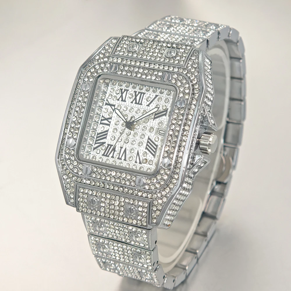 2025 핫세일 아이스드 워치 남성용 패션 방수 쿼츠 시계 남성 힙합 풀 다이아몬드 주얼리 손목시계 드롭쉬핑