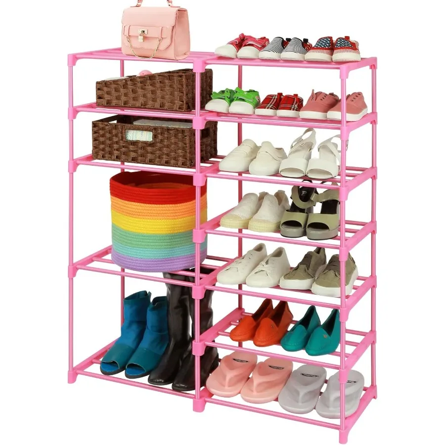

7-Tier Large Pink Shoe Rack for 24-30 Pairs Tall Shoe Organizer Shelf with Space-Saving Design Ideal for ' Boots Storage in Gar