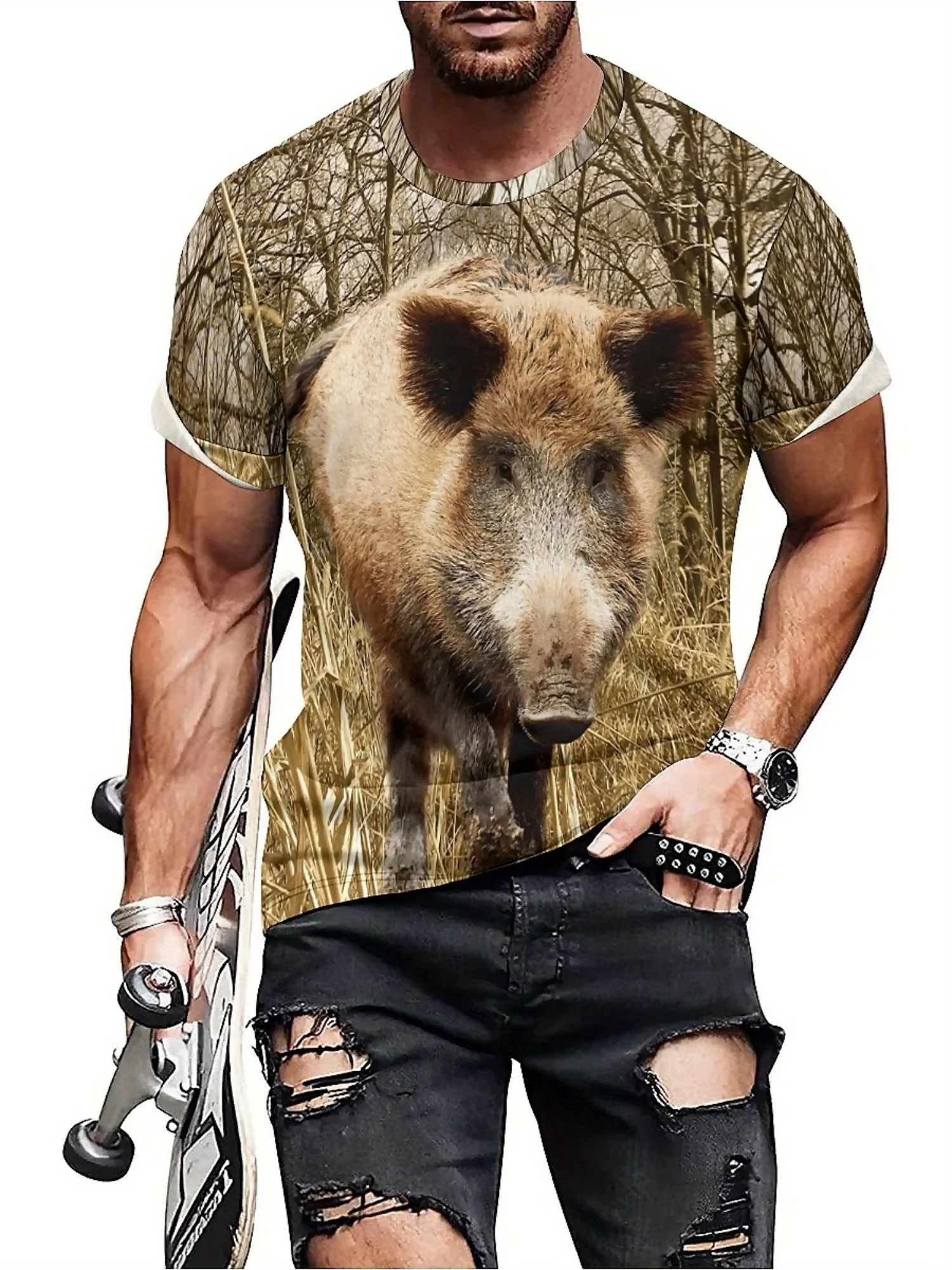 تي شيرت رجالي برسومات ثلاثية الأبعاد بطبعة الخنزير - تي شيرت بوليستر ناعم كبير الحجم مع تي شيرت بتصميم مموه