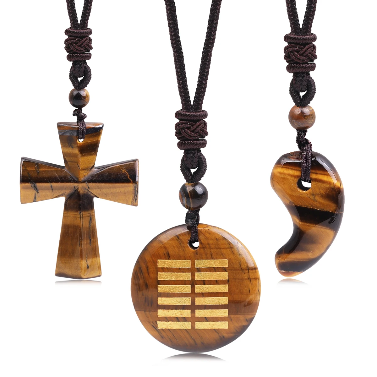 

Fashion Men Necklace Natural Stone Cross Bagua Gossip Balance Five Elements Pendant Necklace Tiger Eye Stone Women Necklace