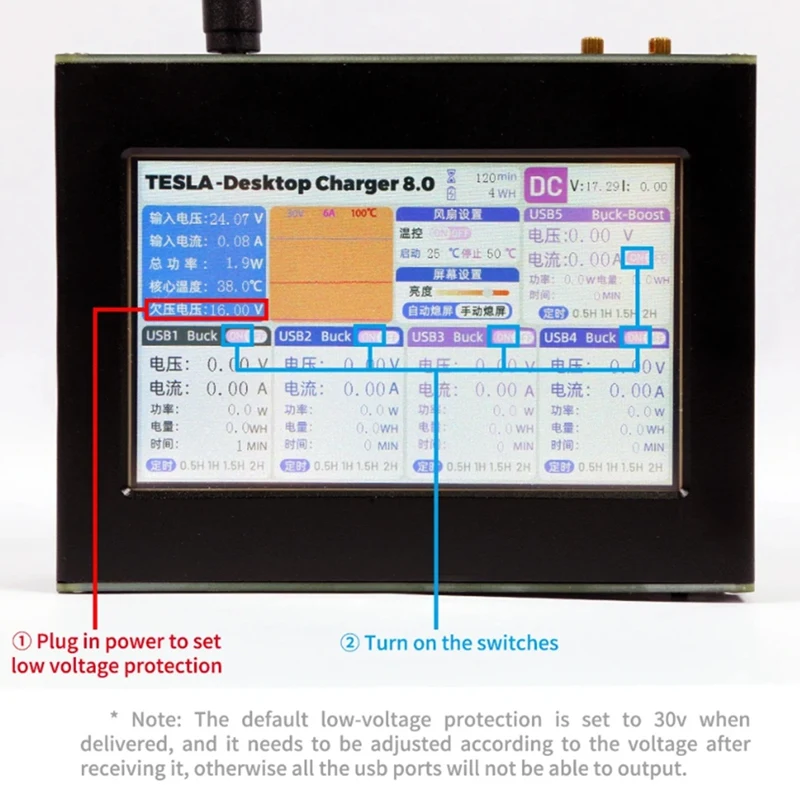 A56G-800W 4.3 Inches Screen Adjustable Five-Way Output Buck-Boost PD Mobile Phone Input Ports High Power Desktop Charger