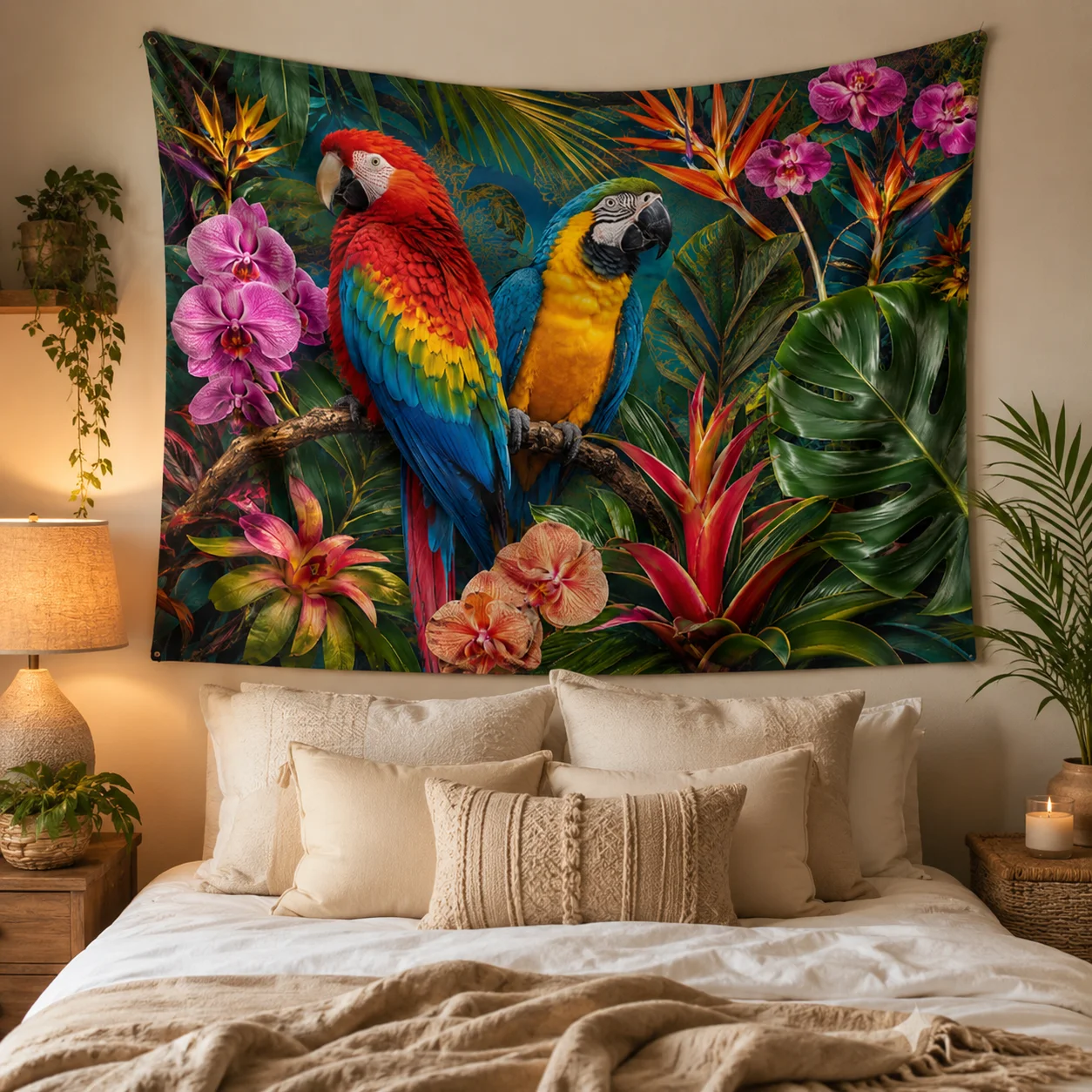 ropical Parrot Tapestry Scarlet Macaw Jungle Palm Leaf Orchid Wall Hanging