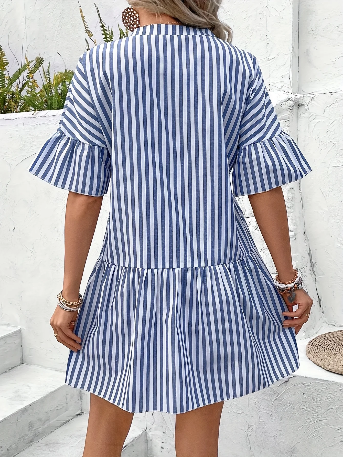 Feminino azul branco listrado decote em v manga babado em camadas mini vestido casual solto botão frente camisa vestido 2025